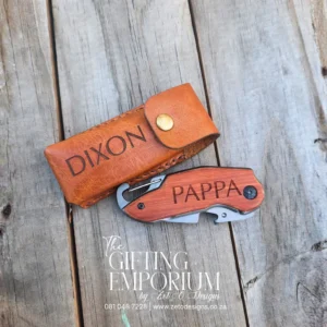 Personalised pocket knife with engraved wooden handle