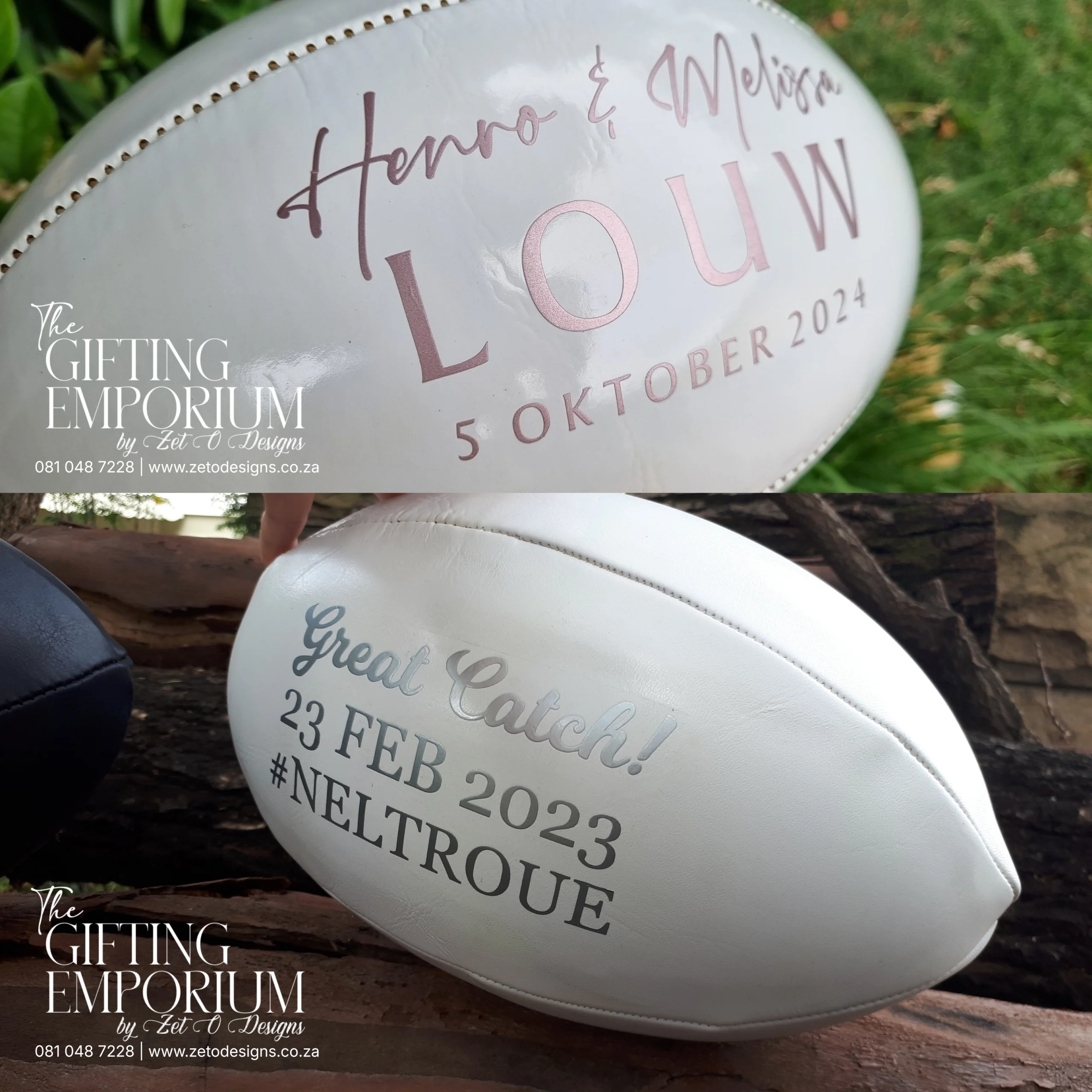 Personalised rugby ball with custom wording engraving