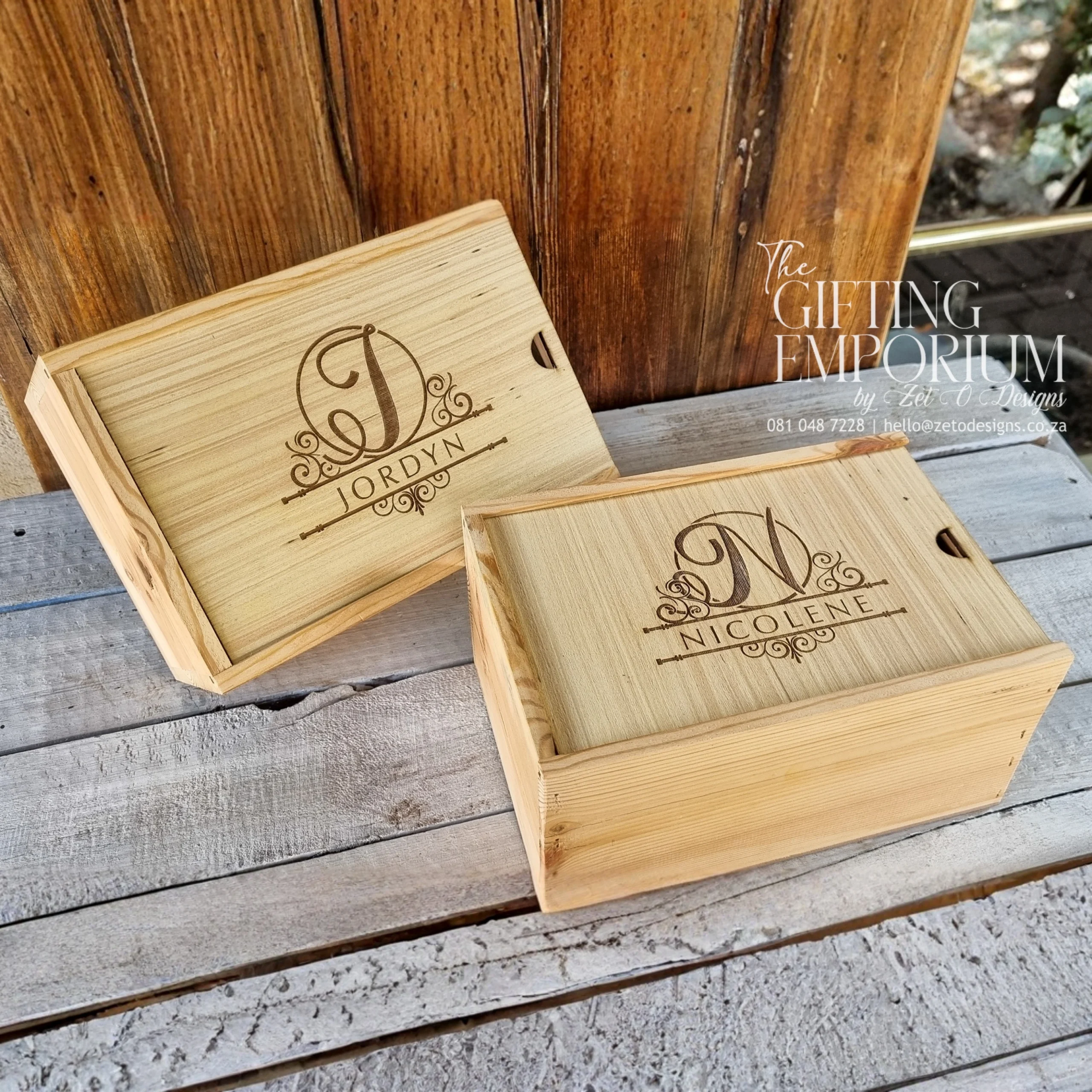 Wooden gift box with engraved name detail