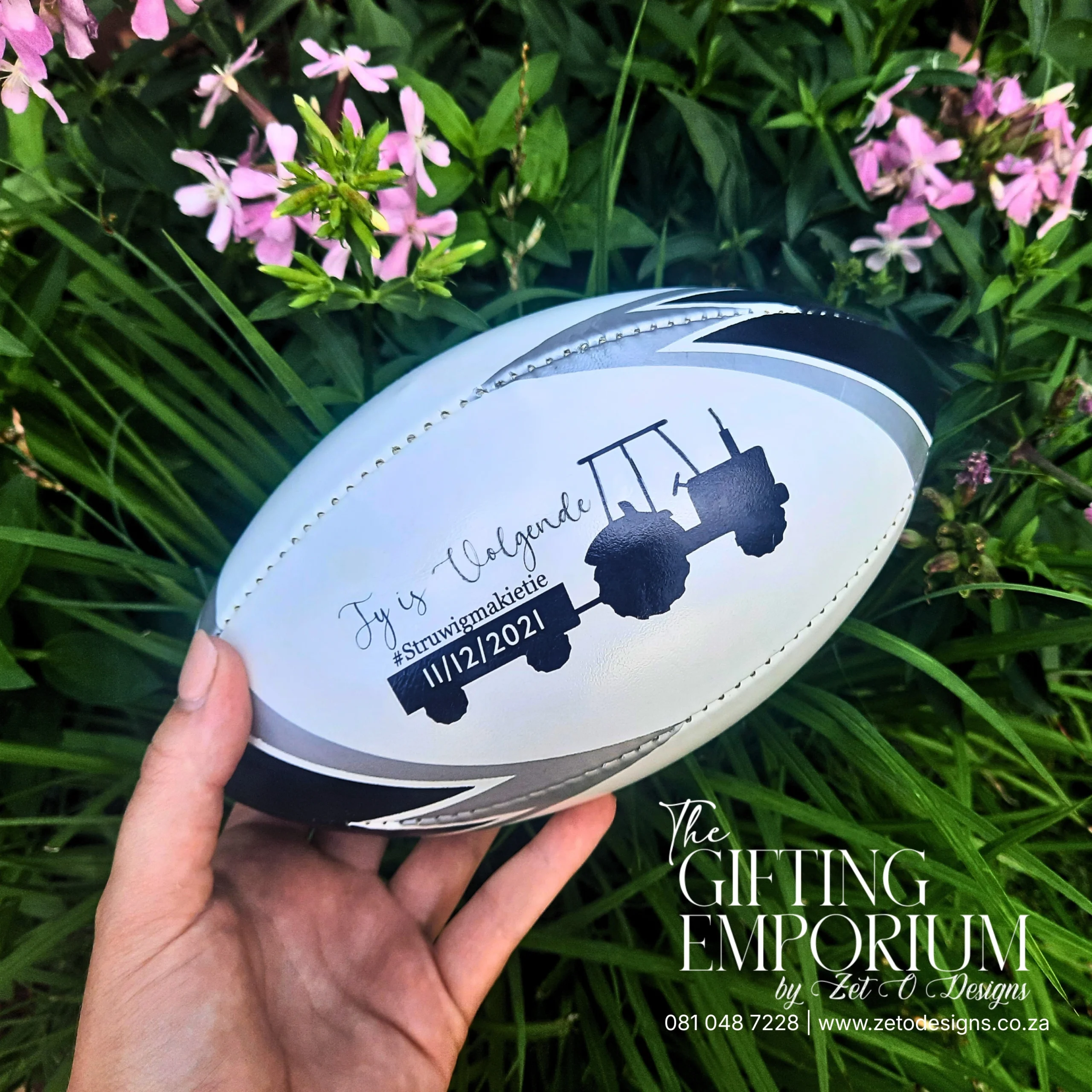 Personalised rugby ball with custom wording