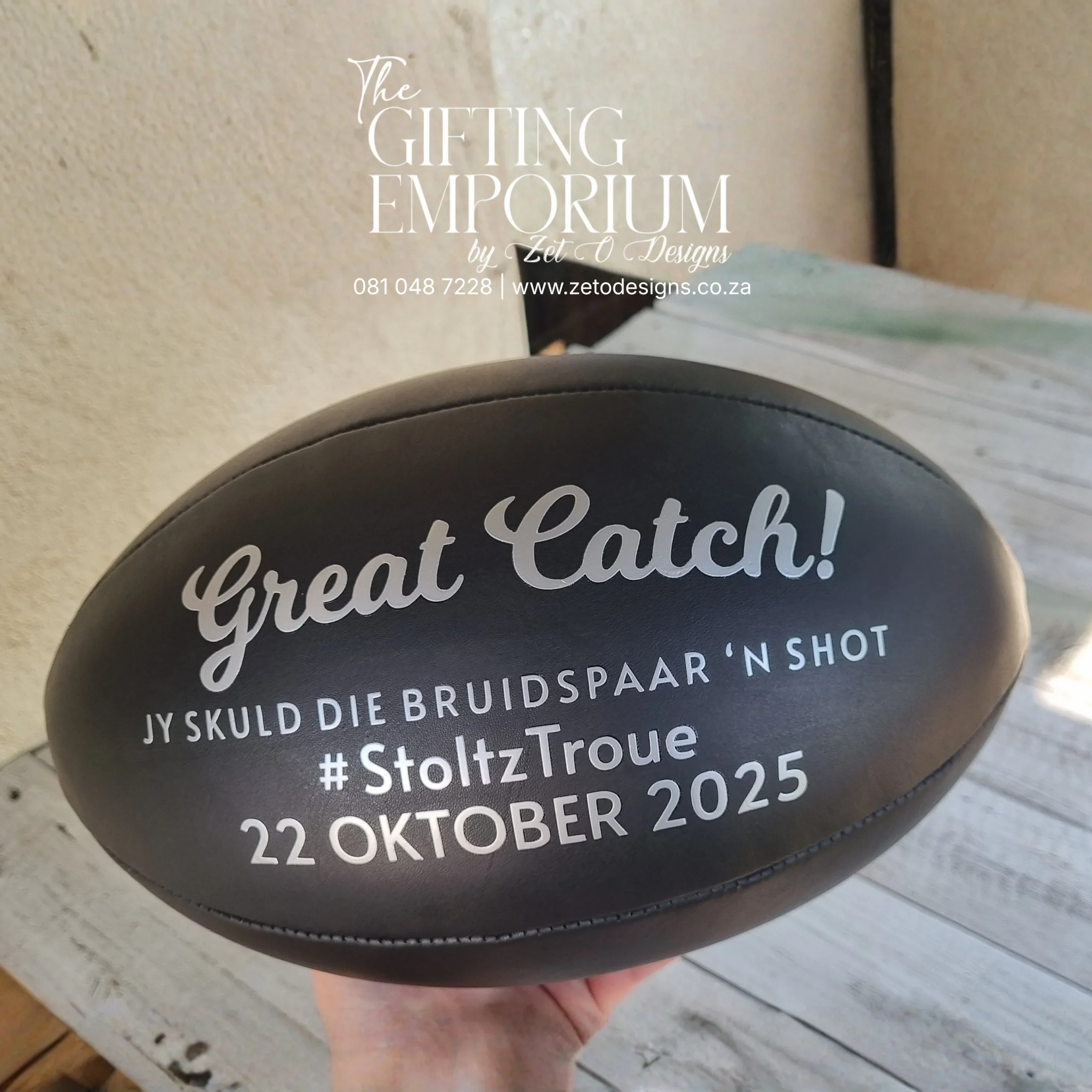 Personalised rugby ball with custom wording engraving