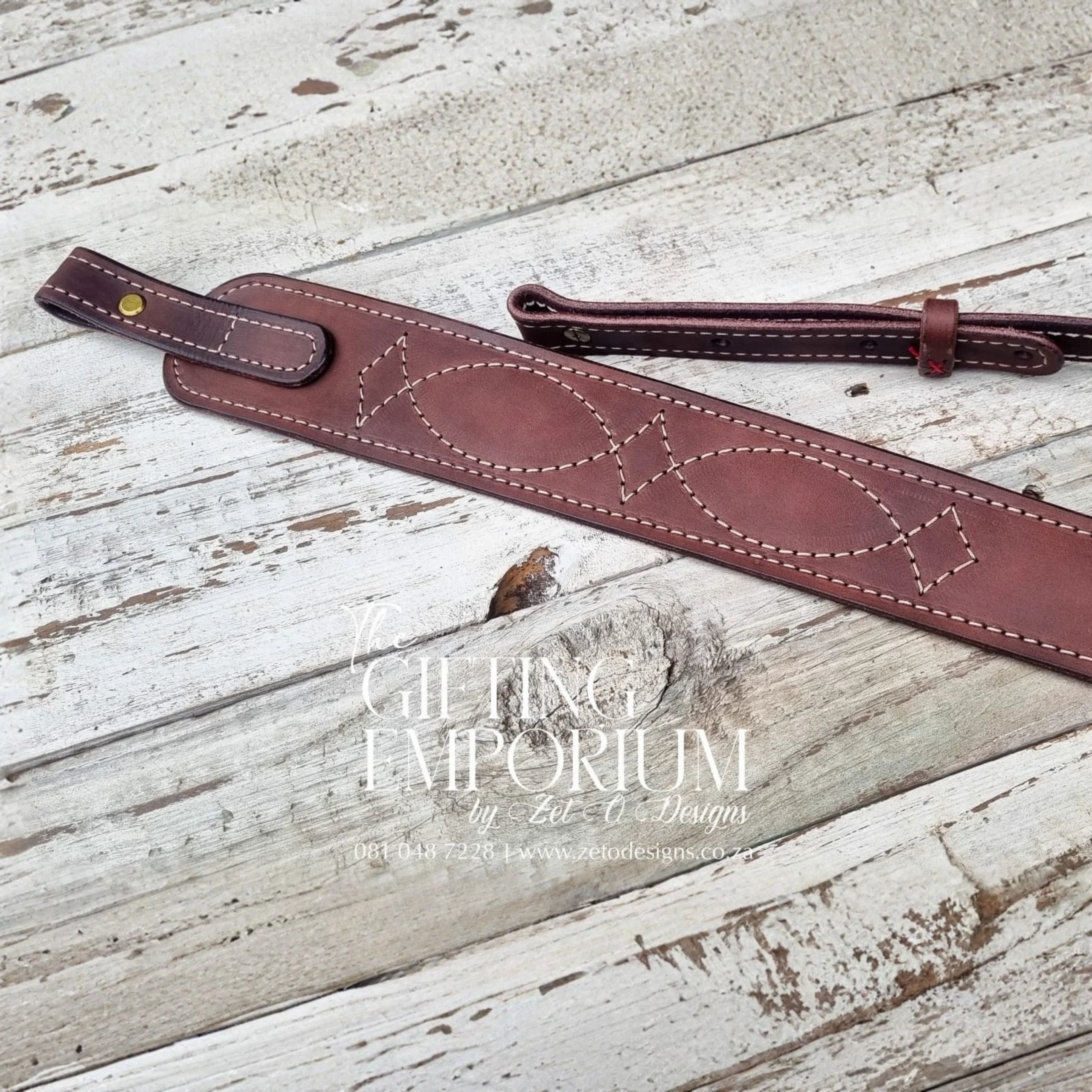 Handcrafted Bushveld Edition rifle sling showing precision stitching and premium leather