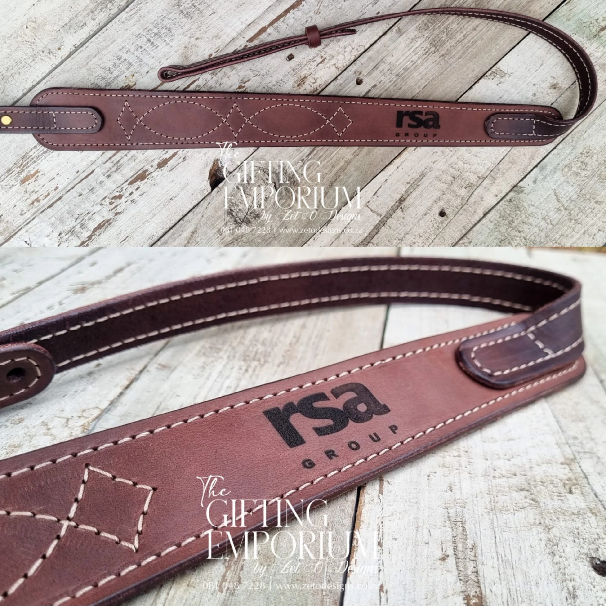 Close-up of genuine leather shoulder pad with detailed laser engraving