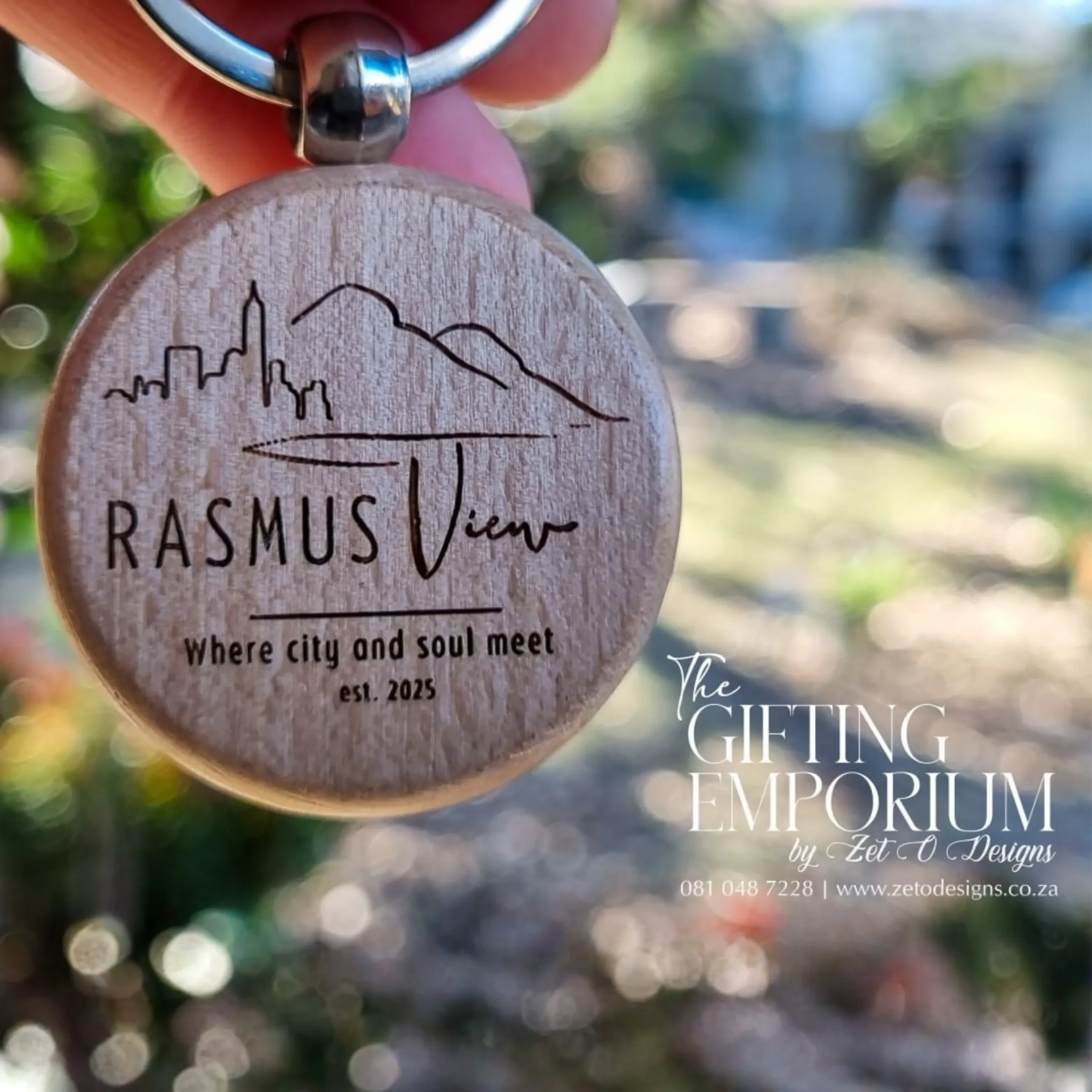 Round wooden keyring with precision laser engraving, perfect for wedding favours and guest gifts.
