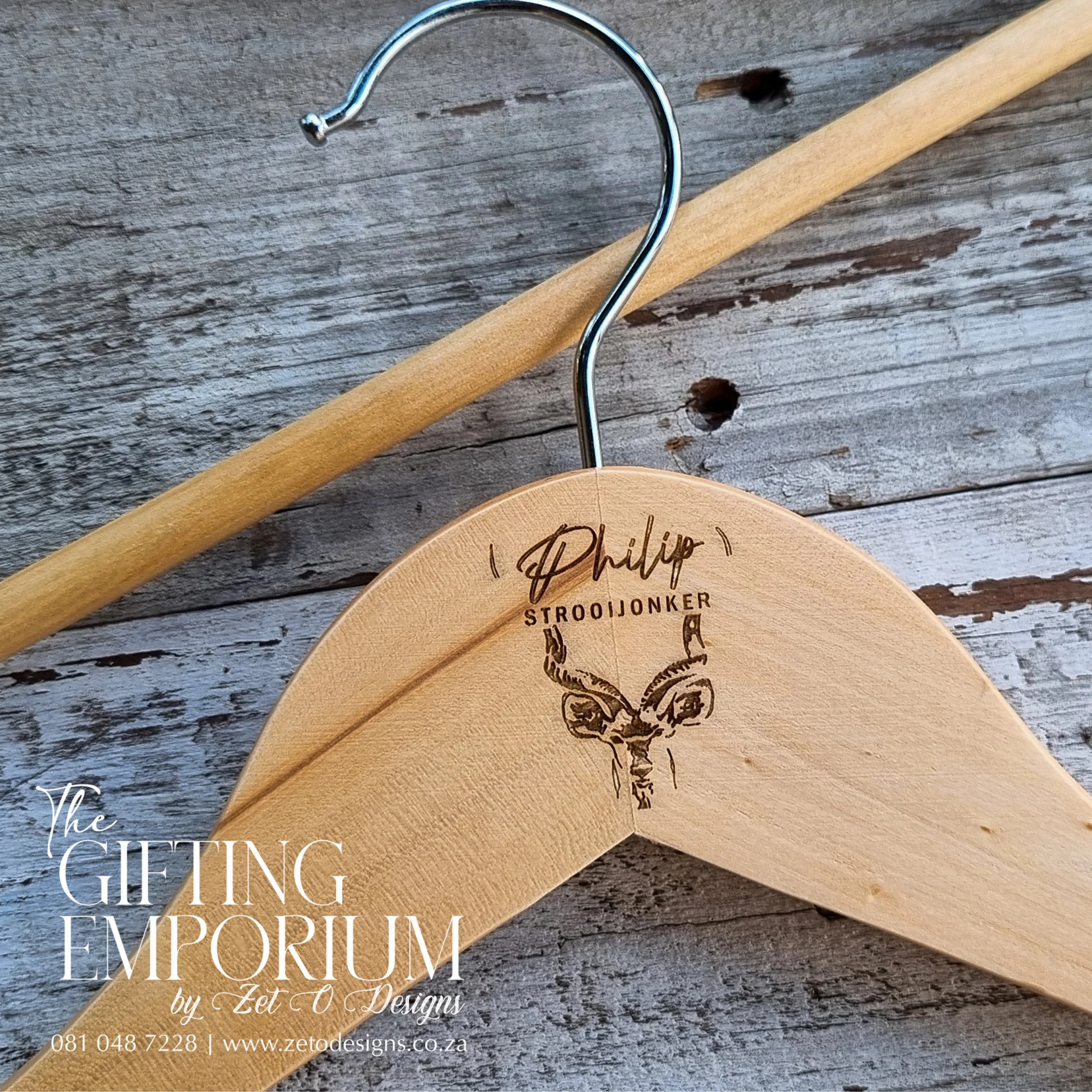 Personalised wooden hanger with engraved Kudu motif.