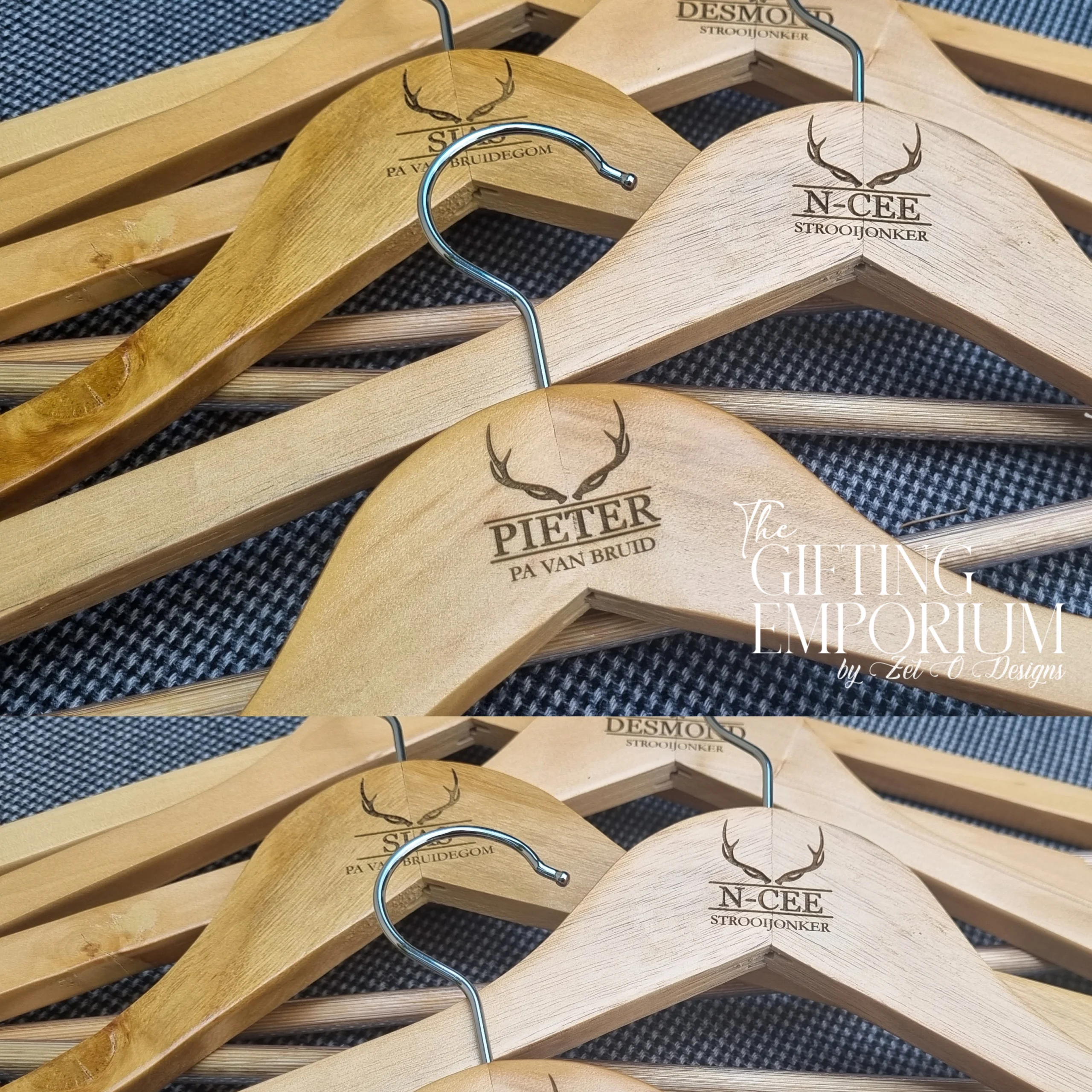 Wooden hanger with engraved buck horns motif, personalised for a wedding suit.