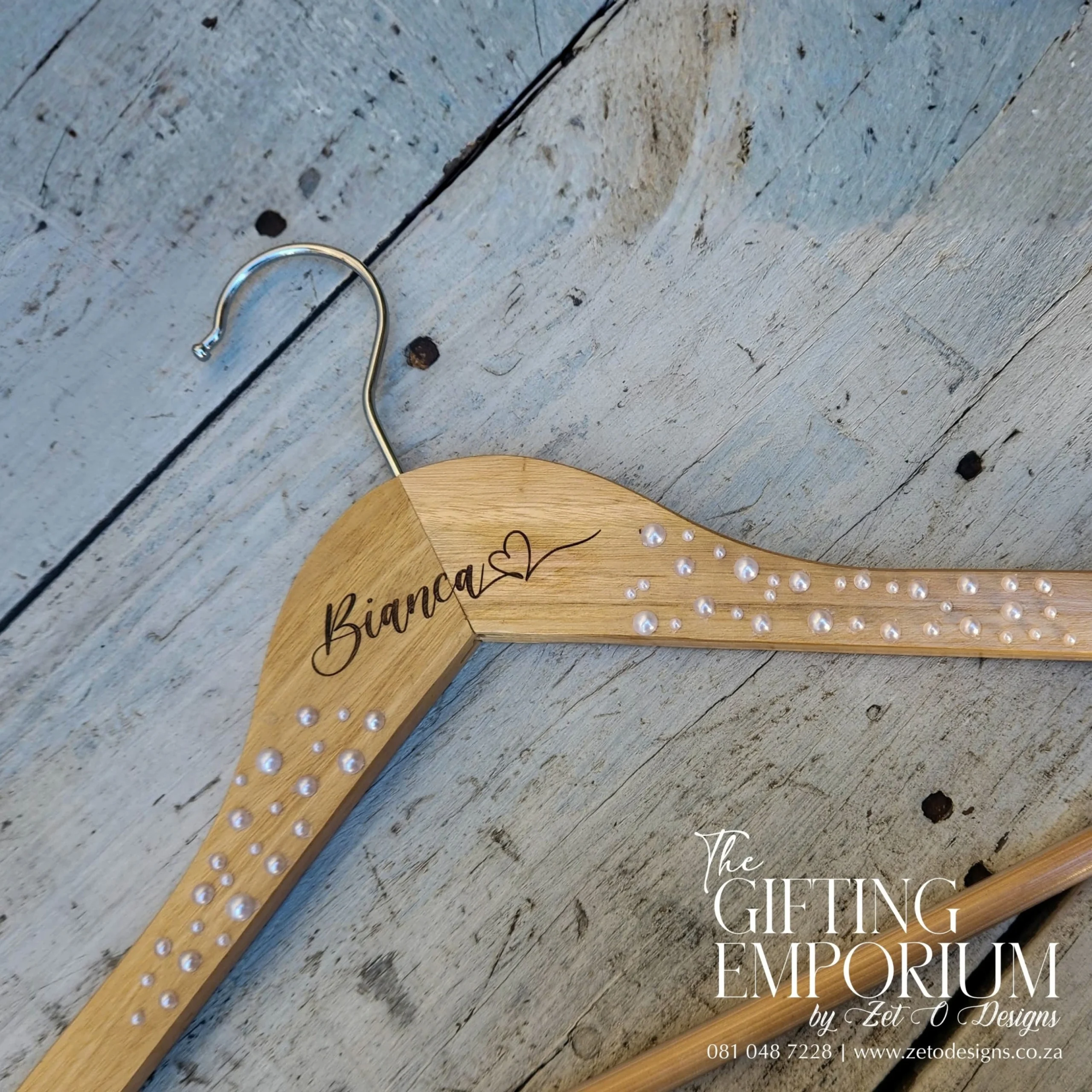 Personalised pearl wedding hanger for a bridesmaid