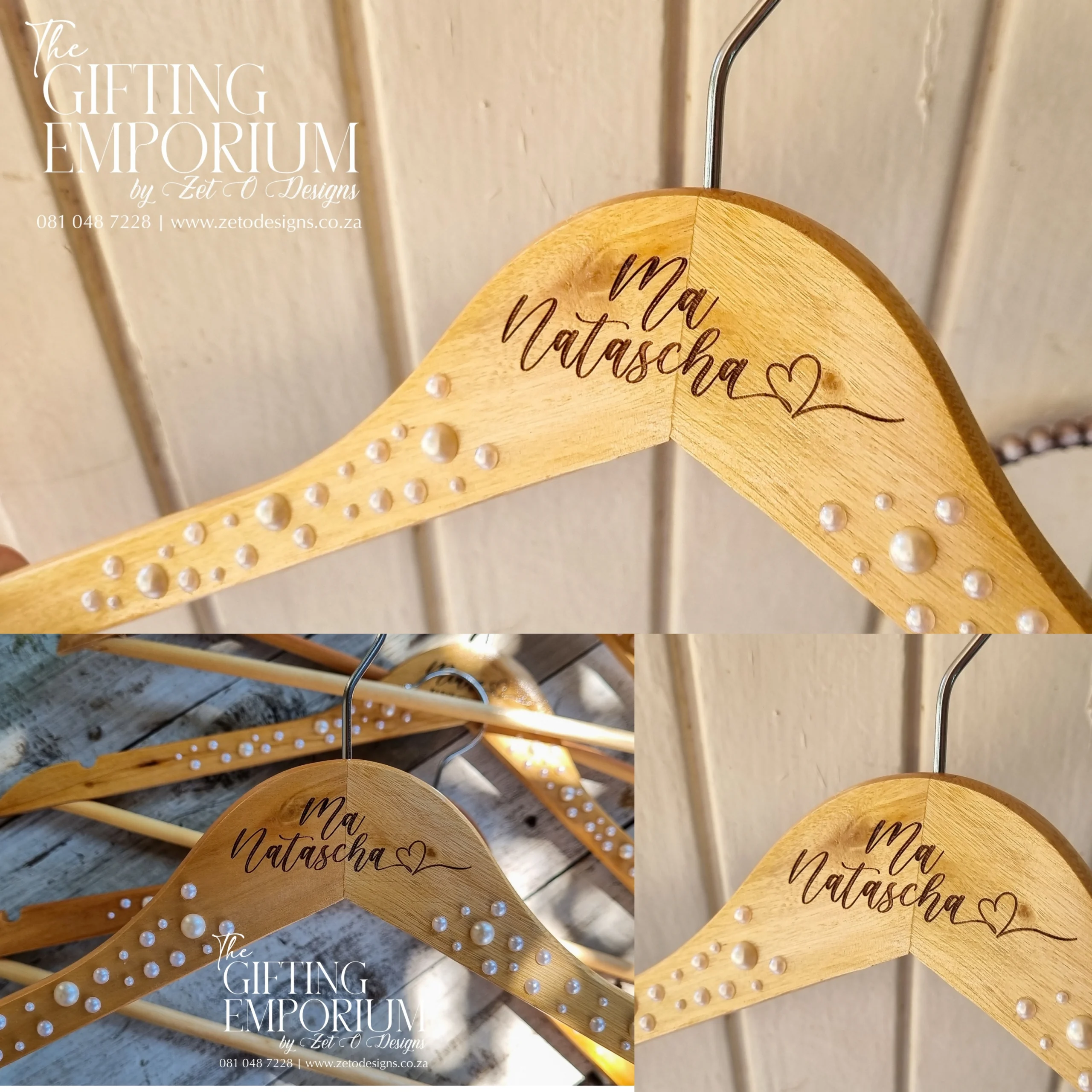 Hearts & Pearls wooden hanger displayed with wedding accessories