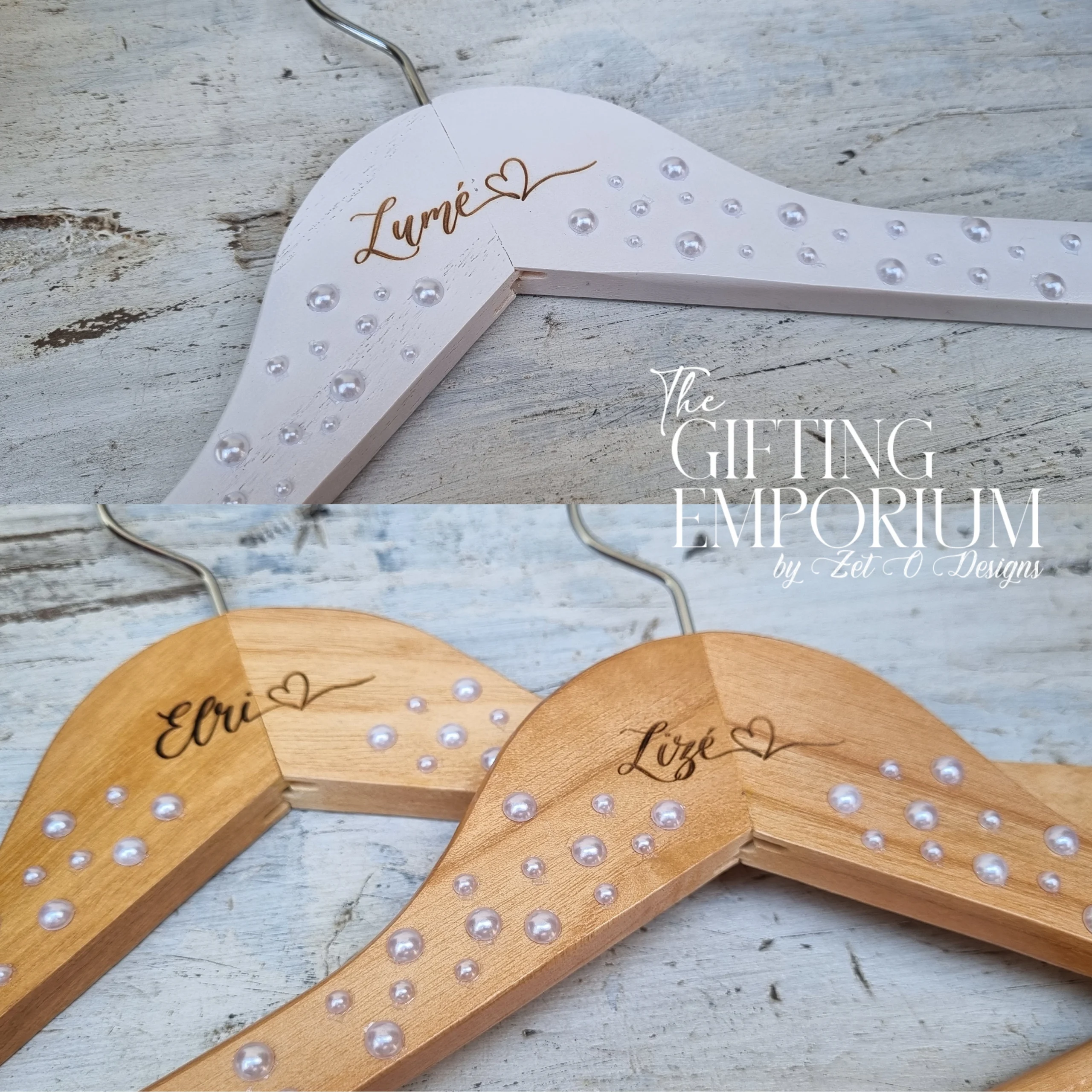 Personalised wooden wedding hanger with hearts and pearls by Zet O Designs