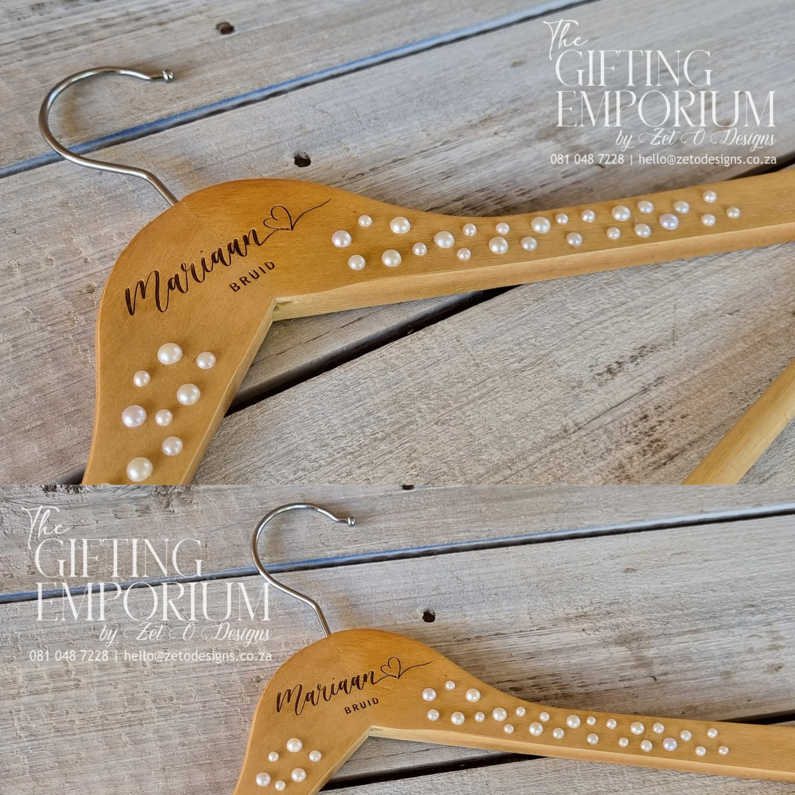 Personalised wooden wedding hanger with hearts and pearls by Zet O Designs