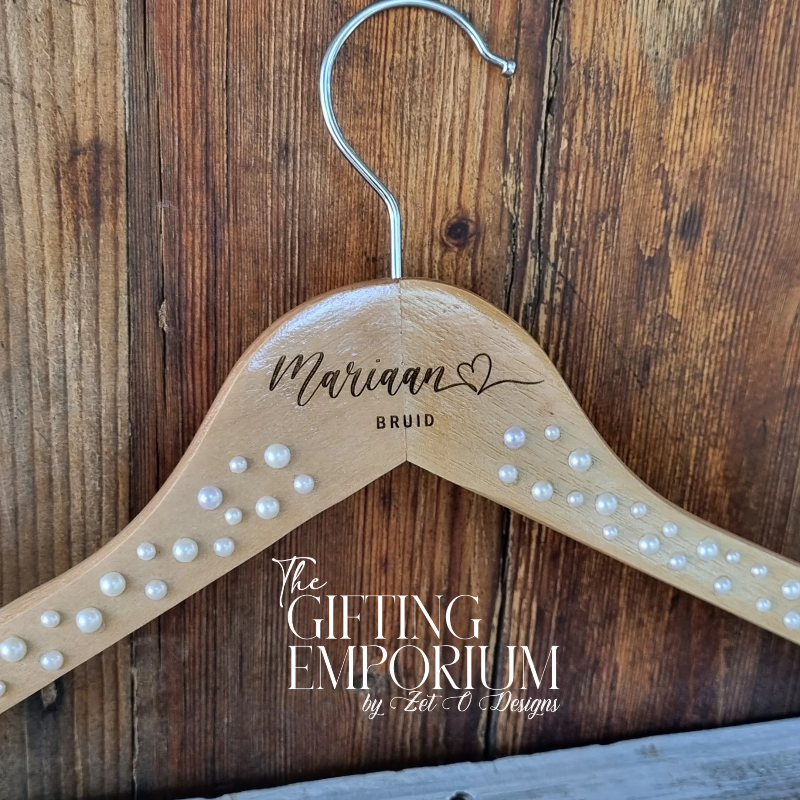 Personalised wooden wedding hanger with hearts and pearls by Zet O Designs